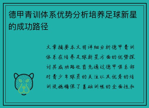 德甲青训体系优势分析培养足球新星的成功路径